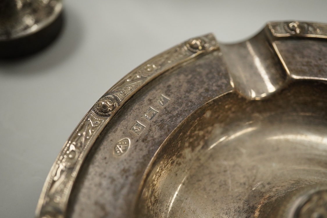 An Elizabeth II silver mounted vase with wavy border, Adie Brothers, Birmingham, 1955, weighted, 20.4cm, a silver mounted glass swan bonbon dish, a George V silver three piece condiment set, a silver mounted glass toilet